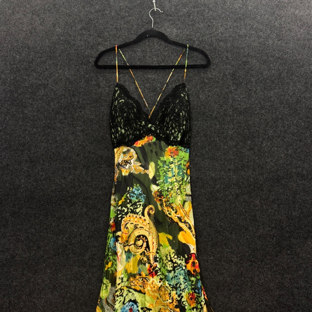 Vintage Niki Livas Silk Paisley Lace Sequin Maxi Dress Green Yellow 10